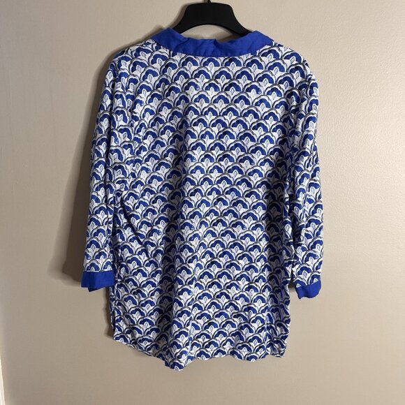 Sigrid Olsen Size XL Linen Blue Collared Scalloped Tunic Blouse Top - Picture 3 of 6